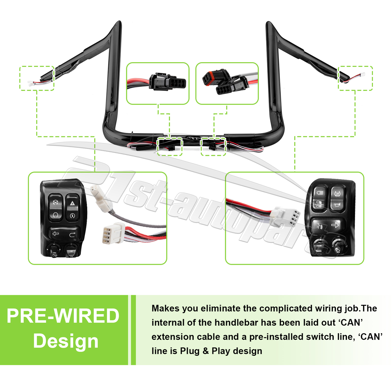 Pre-Wired 12" Meathook Bar Handlebar For Harley Street Glide Special 2014-2023