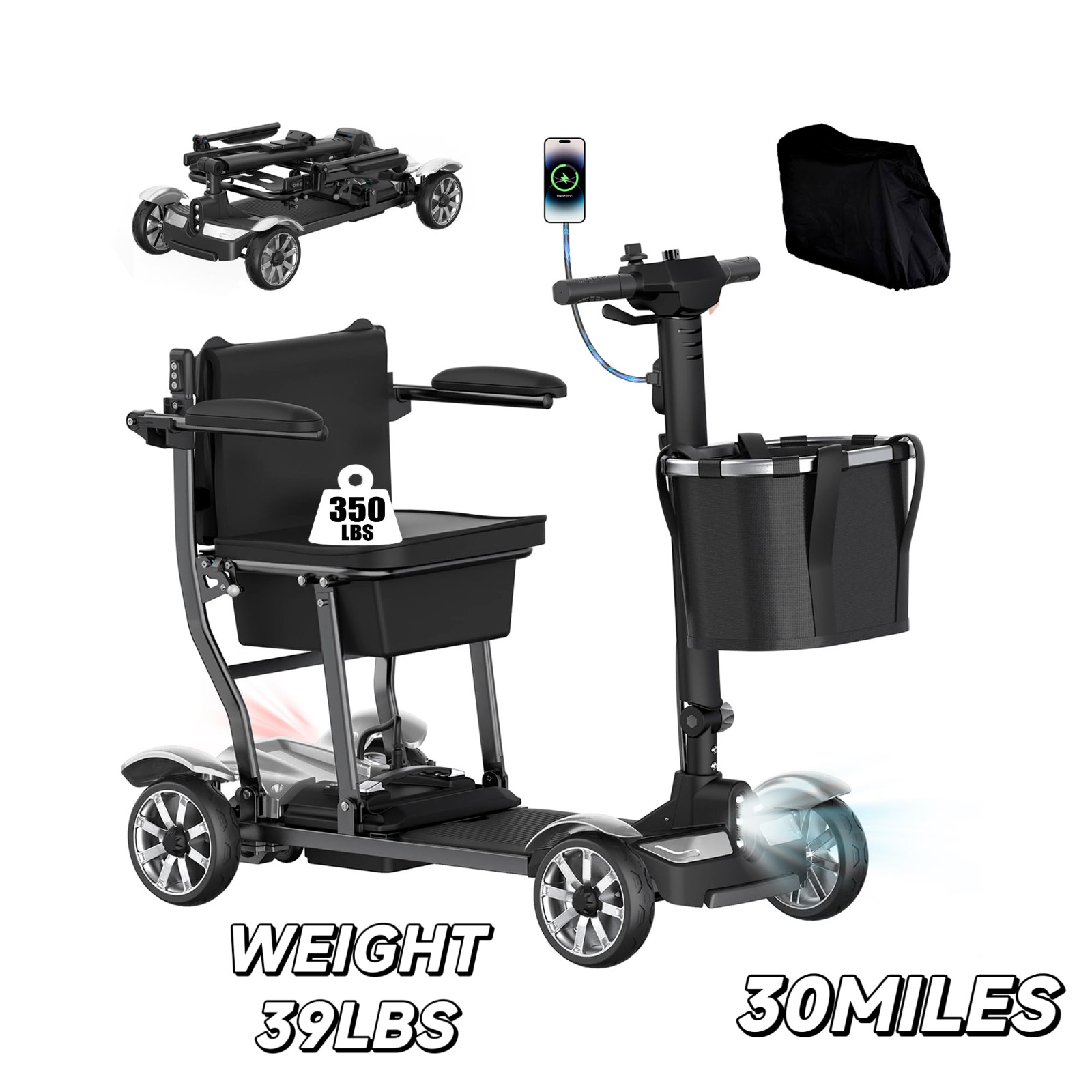 39LBS Foldable 4-Wheel Mobility Scooter for Seniors-All Terrain,Airline Approved