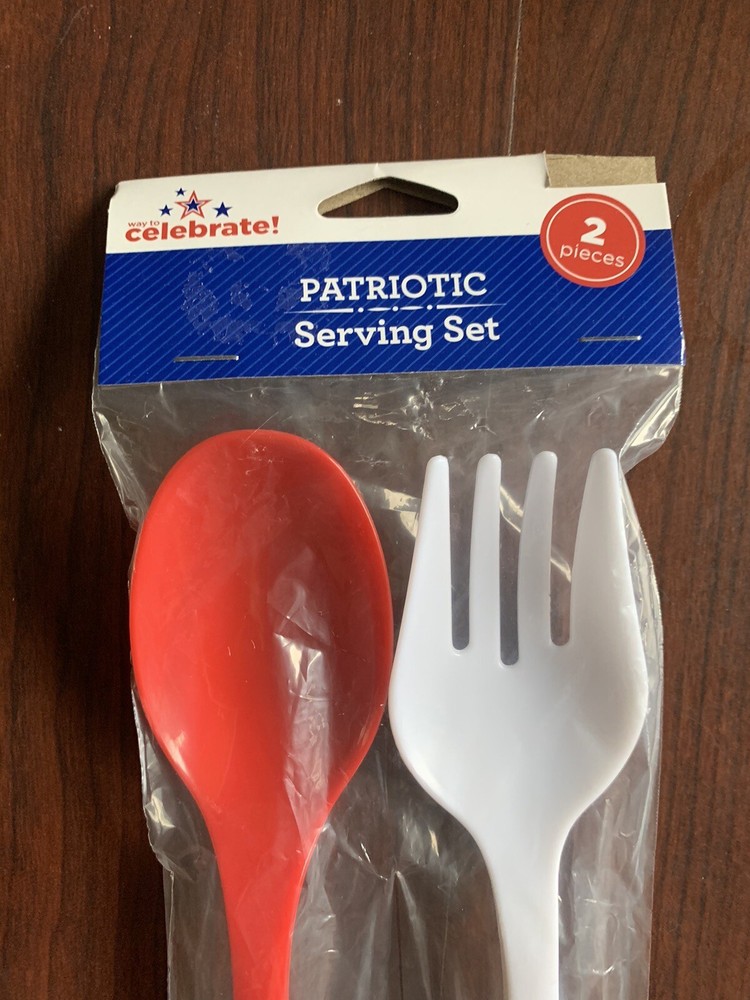Large Serving Fork & Spoon Set Red & White Patriotic 2 Piece Set