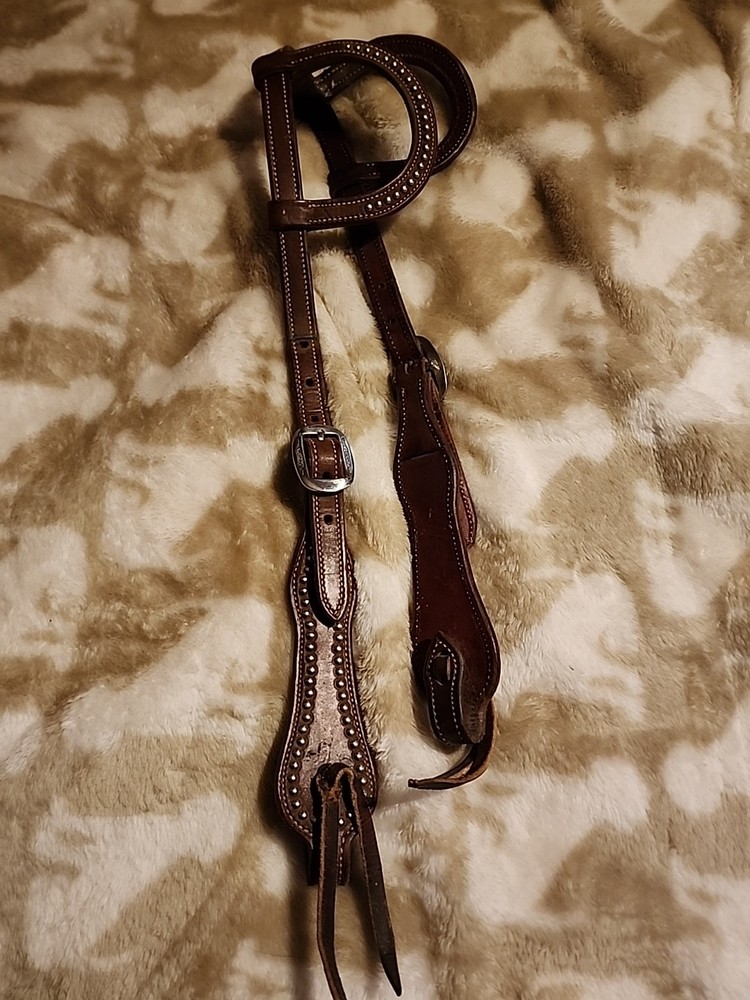 Double Eared Silver Dot Western Bridle Headstall Med Brown Leather EUC