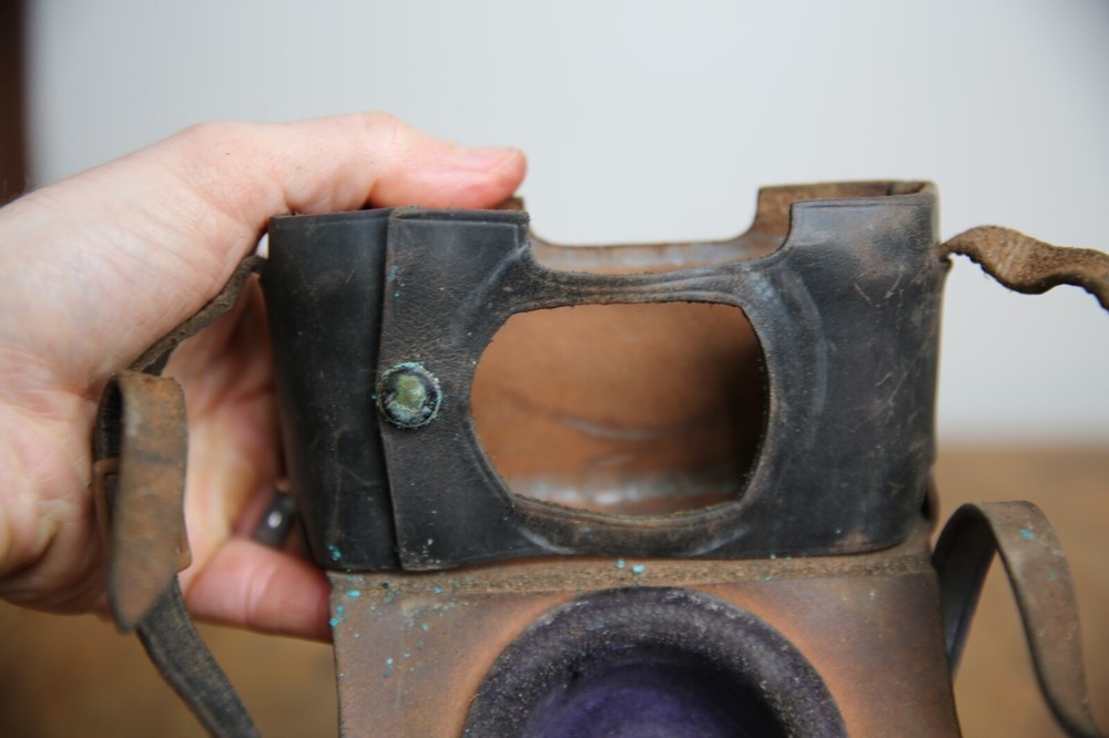 Antique Vintage Leather Camera Case Shoulder Strap brass button snaps