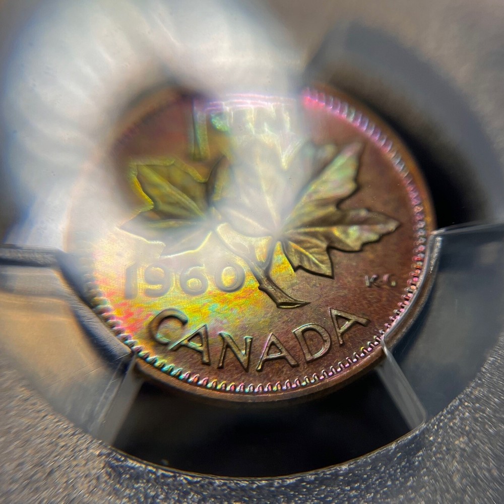 PL64BN 1960 1C Canada Maple Leaf Proof Cent, PCGS Trueview- Rainbow Toned