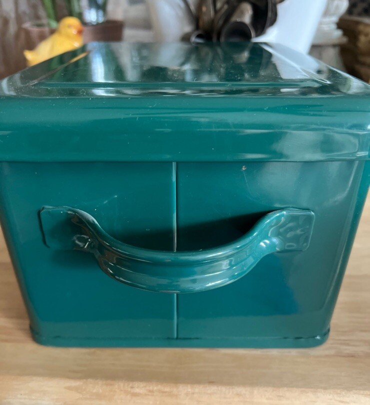 Green Enamelware Container Marked “Bulbs” Spring