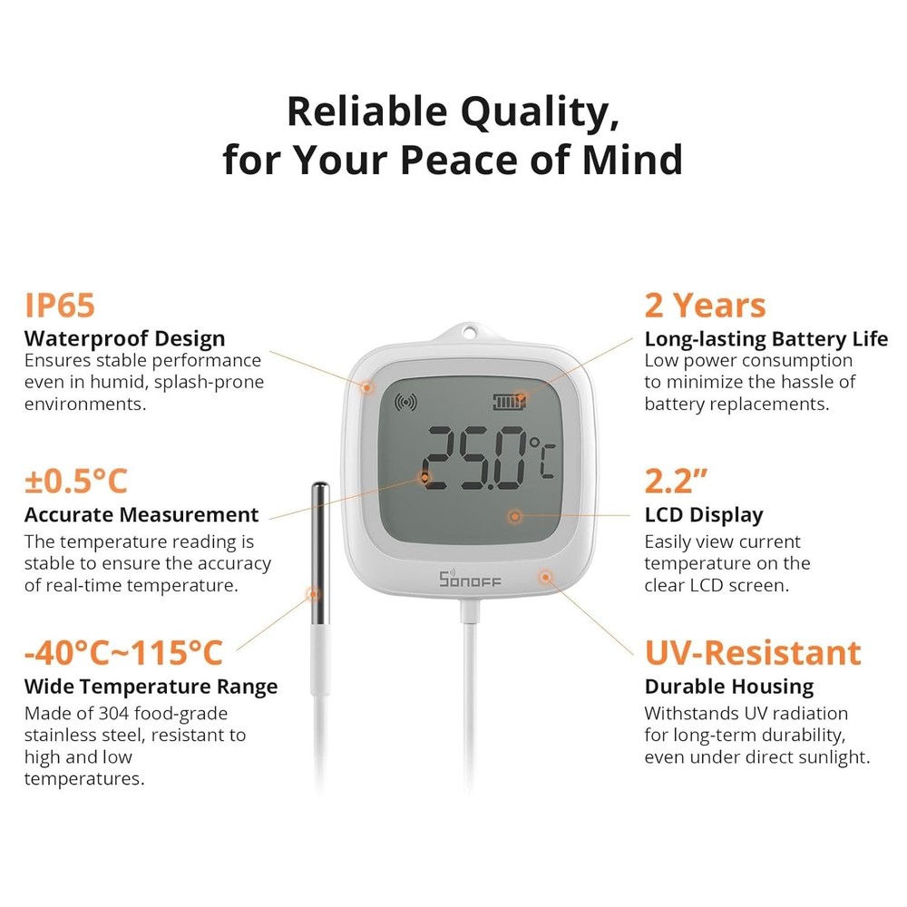 Zigbee Waterproof Temperature Sensor with LCD Display & 1.5M Probe - Smart Home