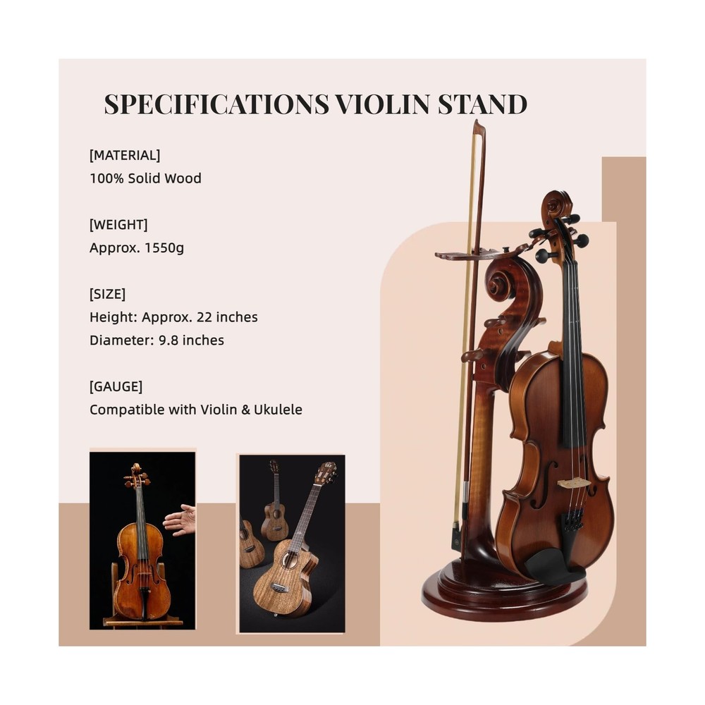 Solid Wood Violin Stand with Bow Holder - No Assembly Needed, Heavy-Duty 4/4 ...