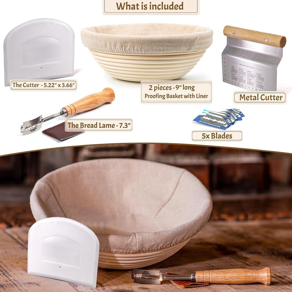 Professional Artisan Bread Kit: 2 Round Bannetons, Scoring Lame, Dough Scraper