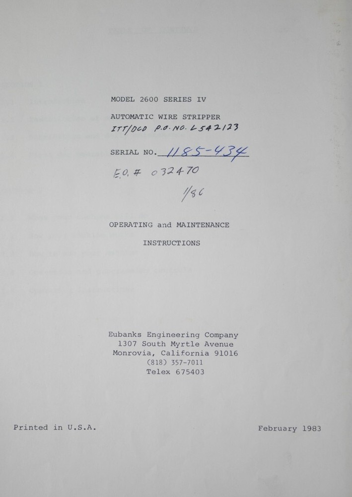 Eubanks Wire Stripper 2600 Operations and Maintenance Manual