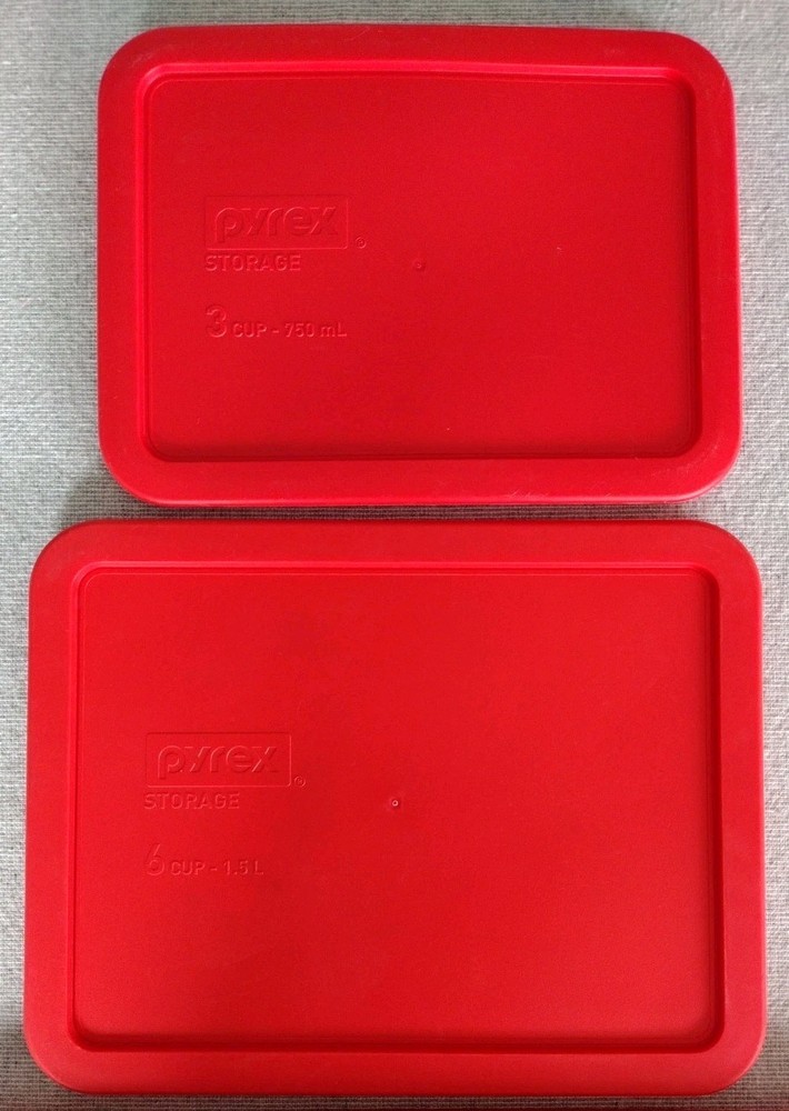 2 Pyrex 6 Cup and 3 Cup Red Rectangular Replacement Lids 7210 7211 Made in USA