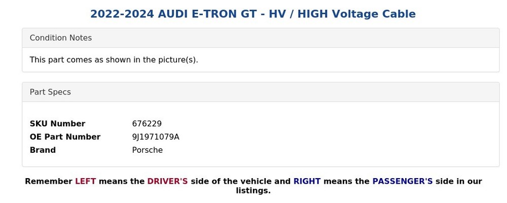 2022-2024 AUDI E-TRON GT - HV / HIGH Voltage Cable