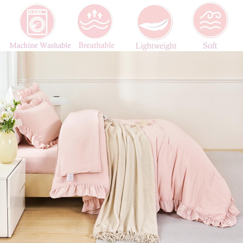ANGIYUIN 5 Pieces Blush Pink Ruffled Comforter Sets Full(5Pcs),