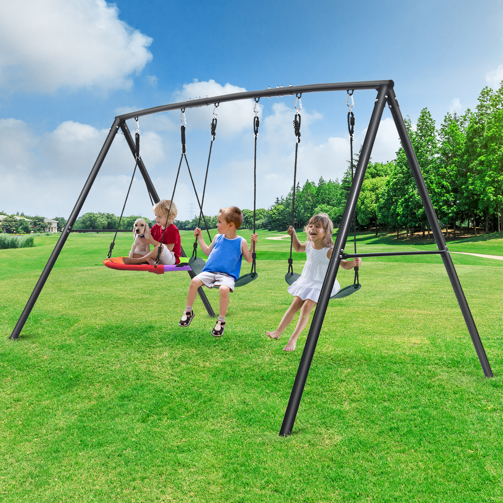 600lb Metal Swing Set Heavy Duty Frame Kids Adult Backyard Playset with 3 Swings