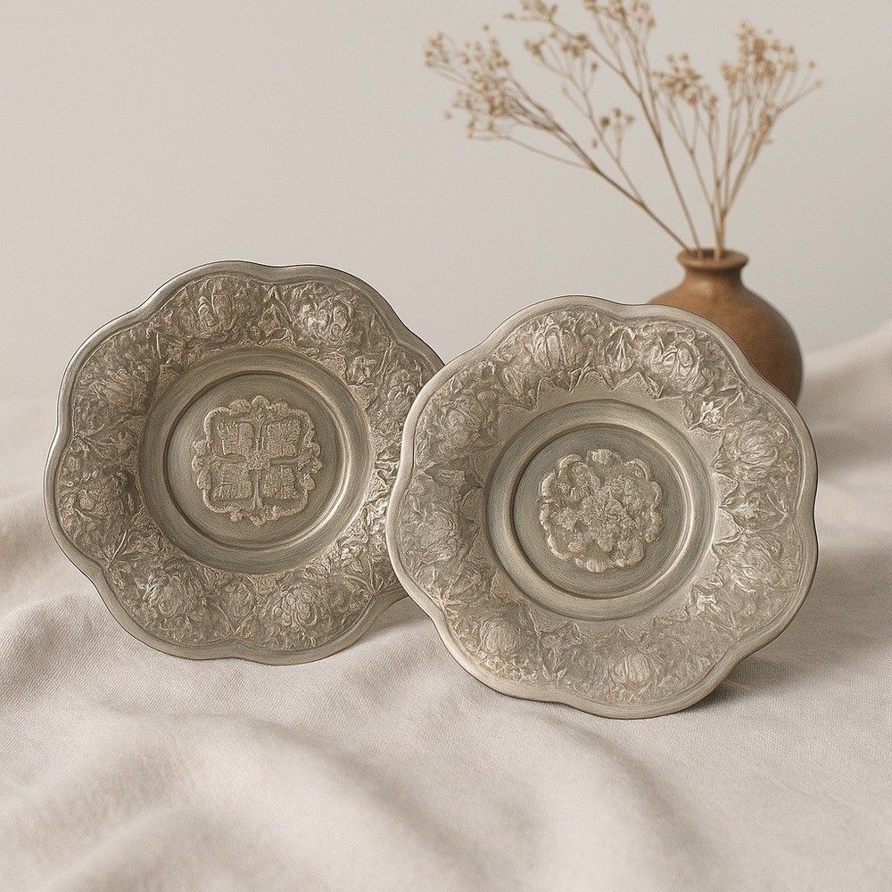 Middle Eastern Vintage 1940s Set Of 2 Silverplated Footed Repousse Plates, 6.5”