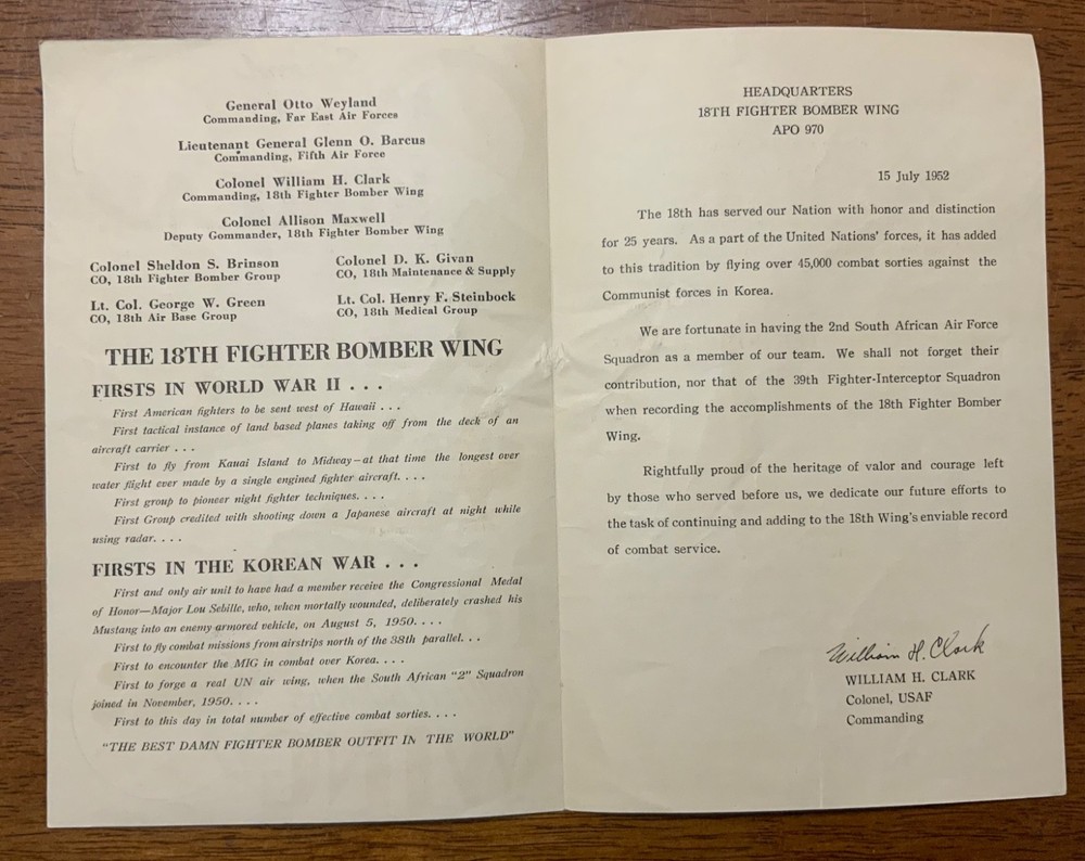 Korean War Air Force 18th Fighter Bomber Wing 5th Air Force Anniversary Program