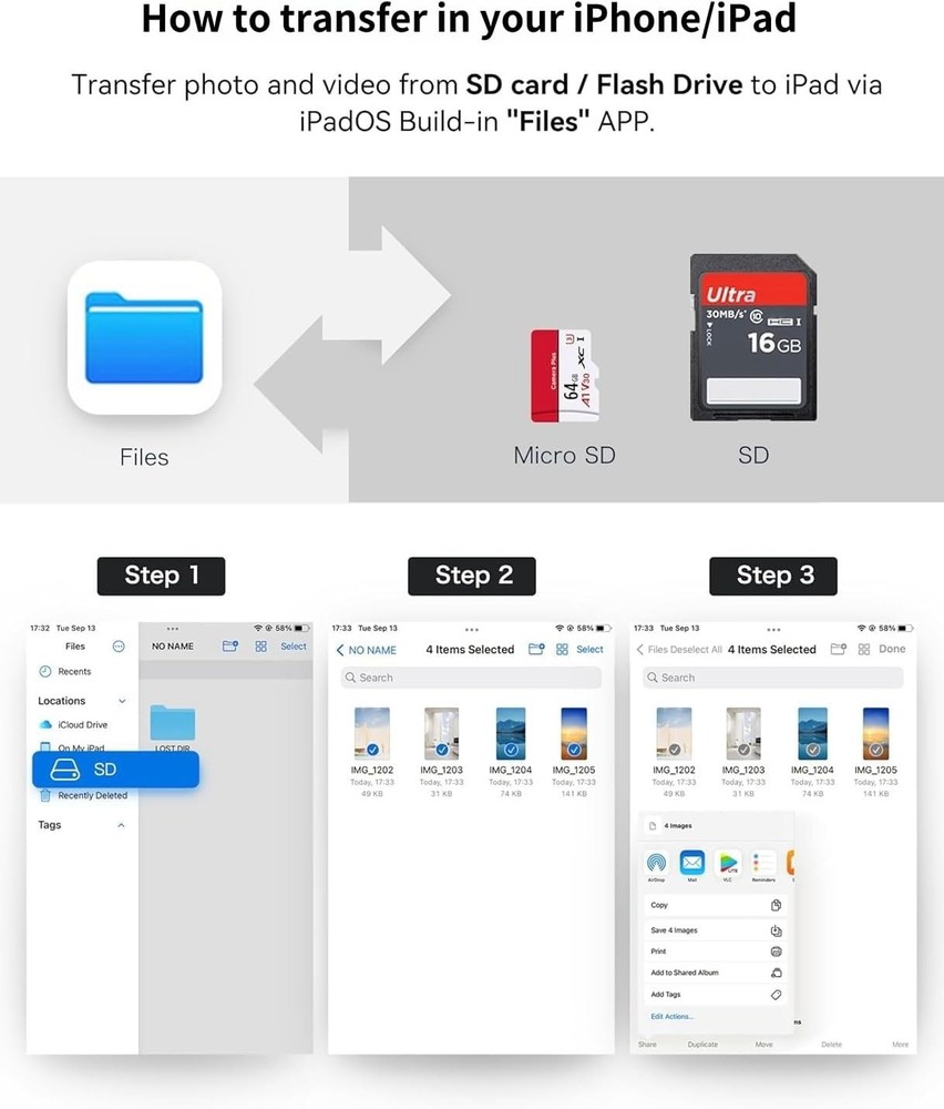 USB C SD Card Reader for iPhone 17/16/15 Series, USB-C to SD/Micro SD Memory Car