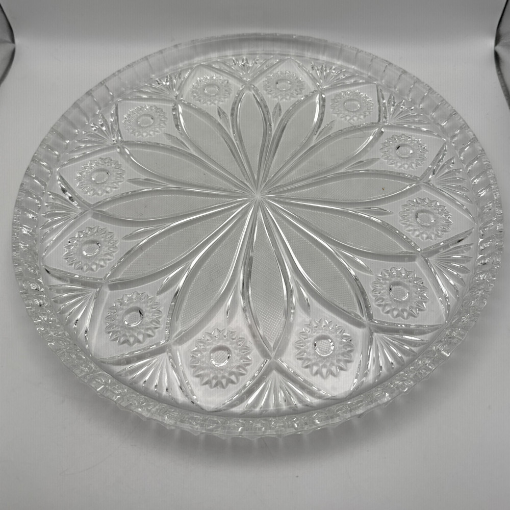 Pressed Glass 11.5” Round Floral Pattern Cake Serving Plate Raised Rim EUC