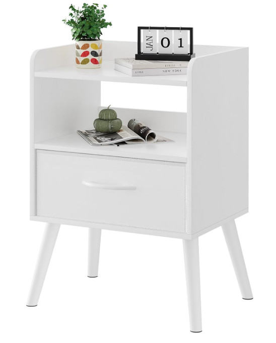 MISSING SOME HARDWARE - Narrow Nightstand with Open Shelf Fabric Drawer White