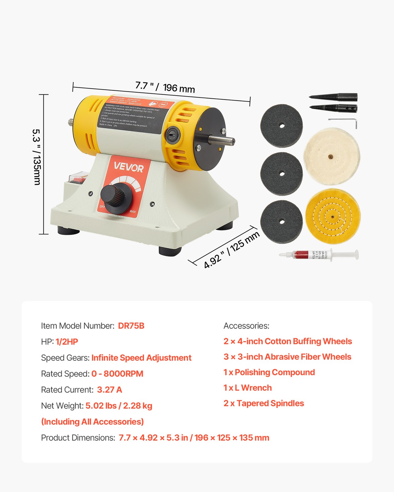 VEVOR 1/2HP Bench Buffer Polisher 0 to 8000RPM with 3-inch & 4-inch Wheels