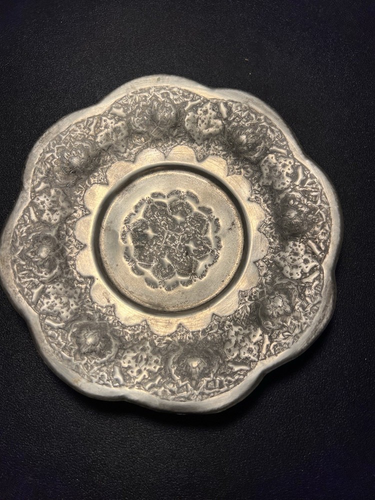 Middle Eastern Vintage 1940s Set Of 2 Silverplated Footed Repousse Plates, 6.5”