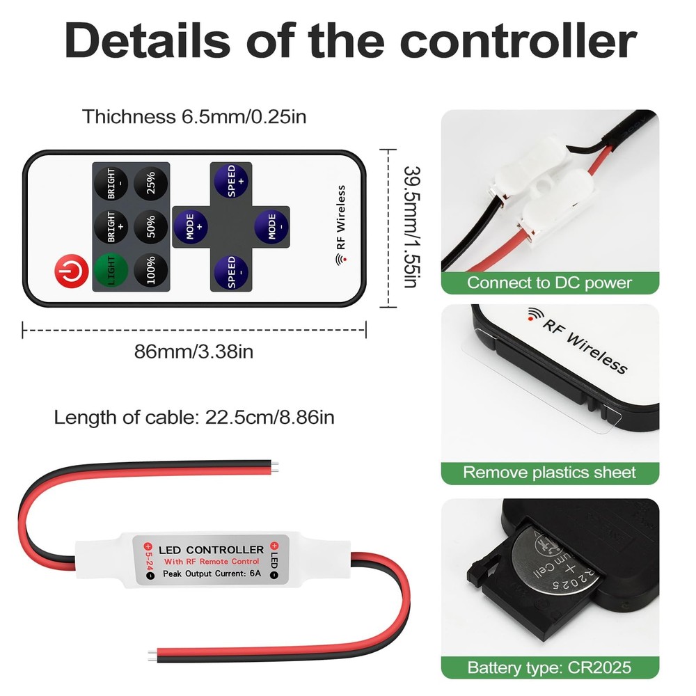 2 Pack 11 Key RF Mini Wireless Remote Controller with DC 5-24V for 3528 5050 ...