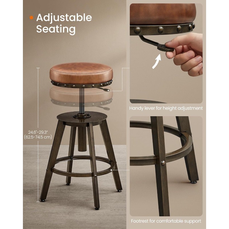 Bar Stools, Set of 2, Steampunk Counter Stool for Kitchen, Adjustable Height