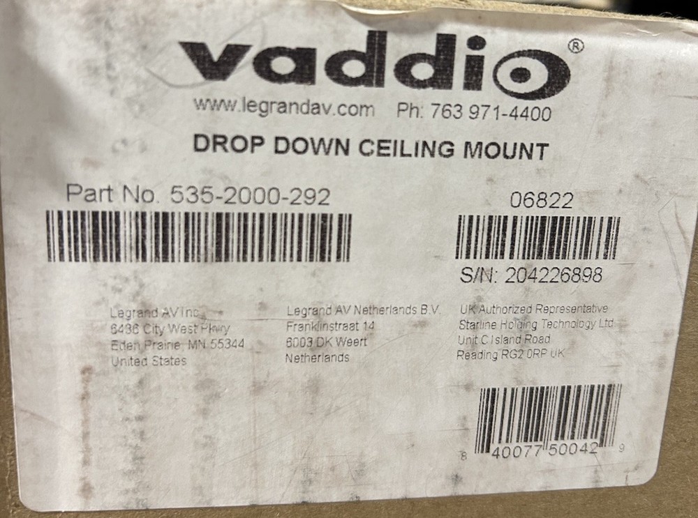 Vaddio Drop Down Ceiling Mount 535-2000-292 - New