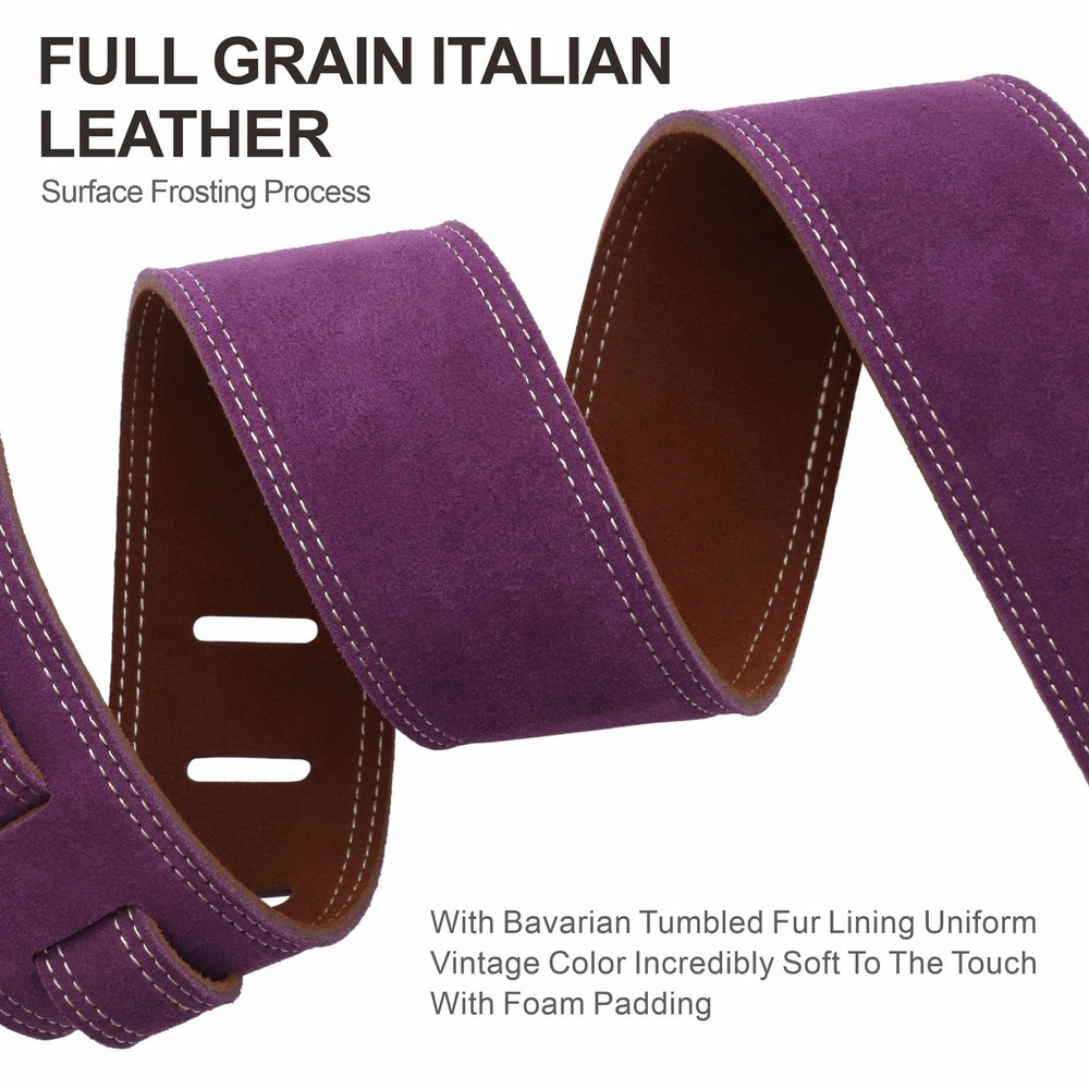Bavarian Leather Guitar Strap with Foam Padding, Cable Loop, Lavender Purple