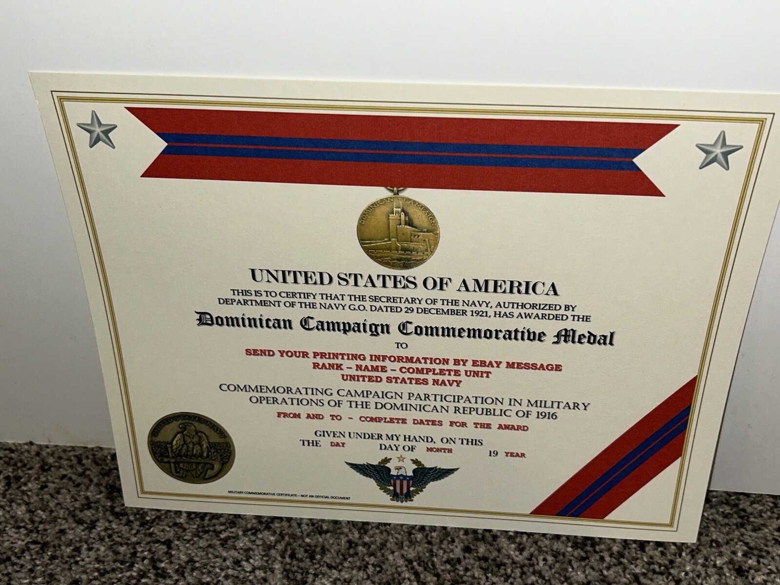 DOMINICAN CAMPAIGN (NAVY) COMMEMORATIVE MEDAL CERTIFICATE ~ W/PRINTING TYPE-1