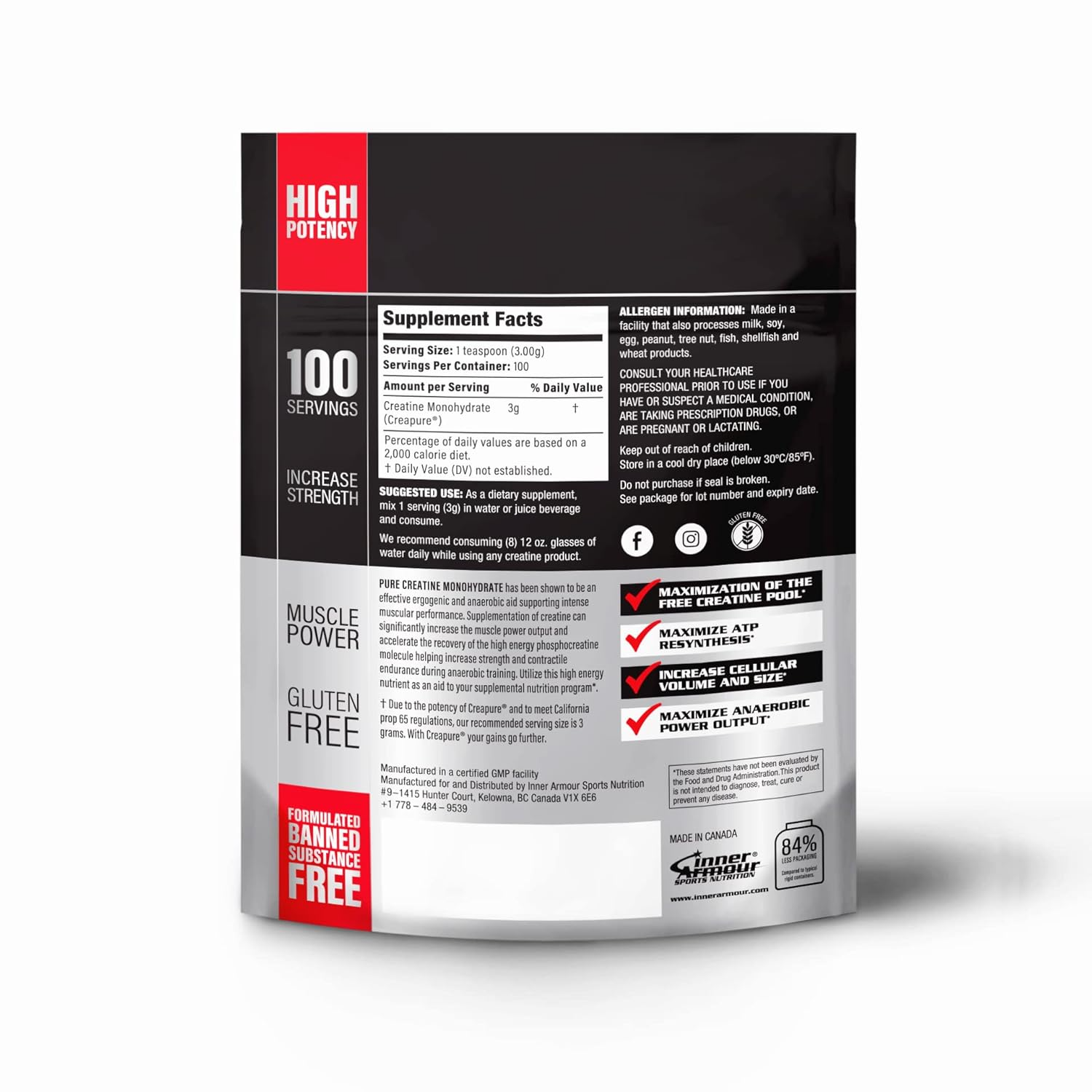 INNER ARMOUR CREATINE MONOHYDRATE Creapure 300g 100 Servings Increase Strength