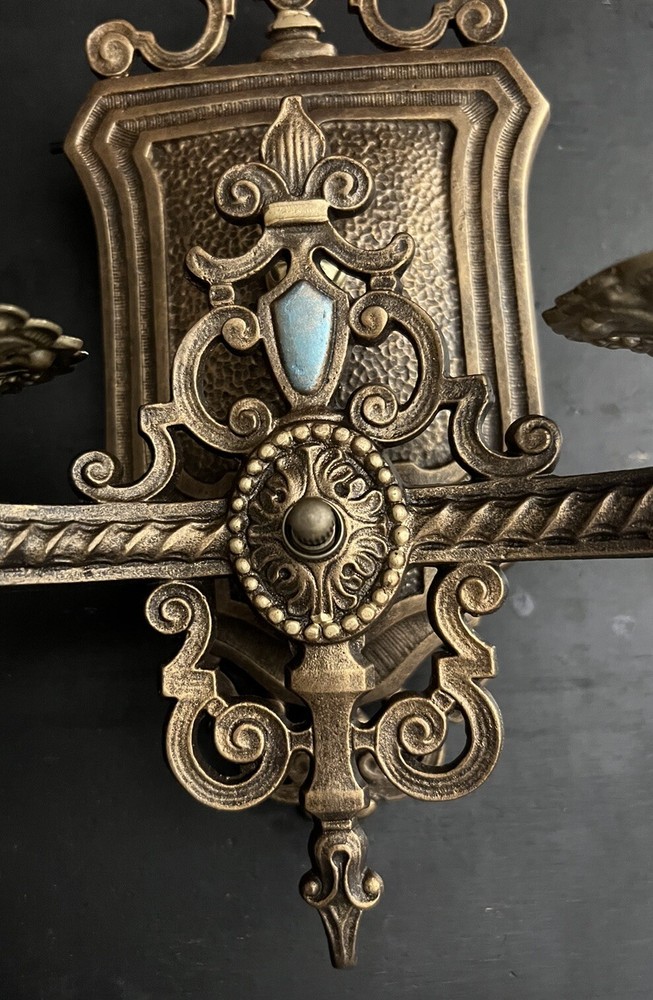 Great Pair Antique Wall Sconces Double Arm Polychrome Finish 40B