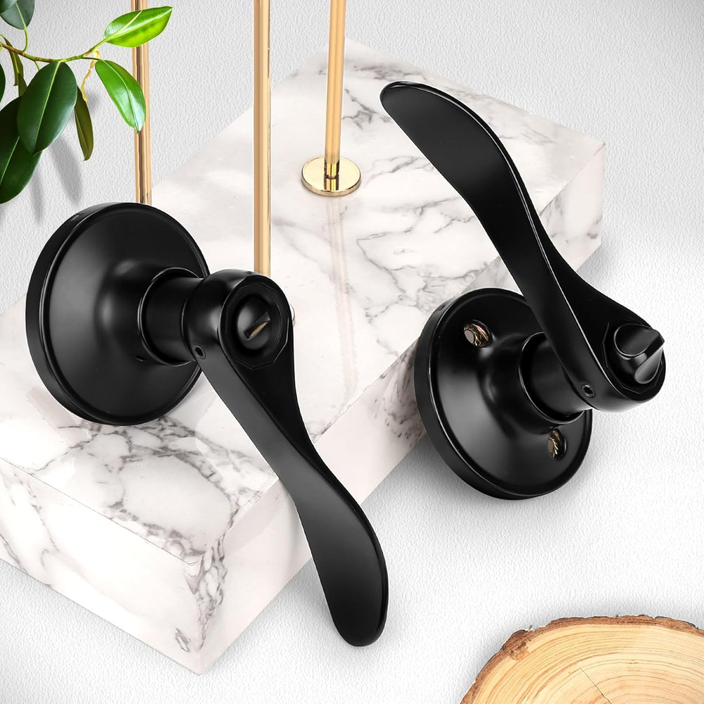 Wave Style Matte Black Privacy Door Knobs, Reversible Bed/Bath Door Levers, Inte