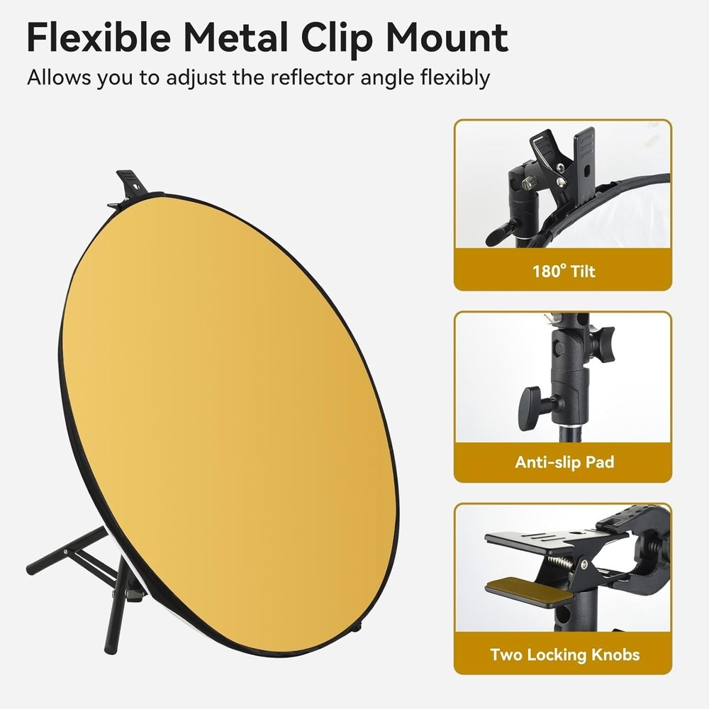 24"/60cm Light Reflector with Stand, 5-in-1 Portable Round Light Diffuser Tra...