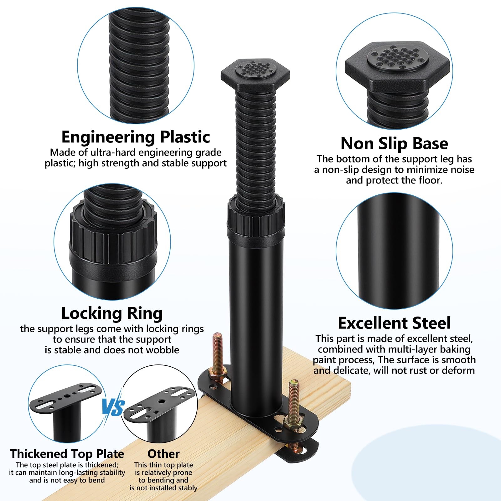 Caeuiciw 4 Pcs Adjustable Height Bed Support Legs 7.08-12.6 inch Black