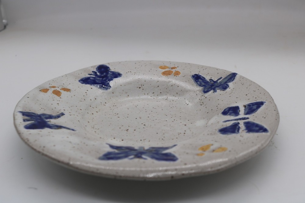 Pottery Dish with Butterflies-Signed EW-8.25"