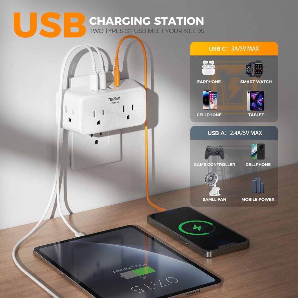 Multi Plug Outlet Extender Wall Surge Protector with 4 AC 4 USB Ports Charging