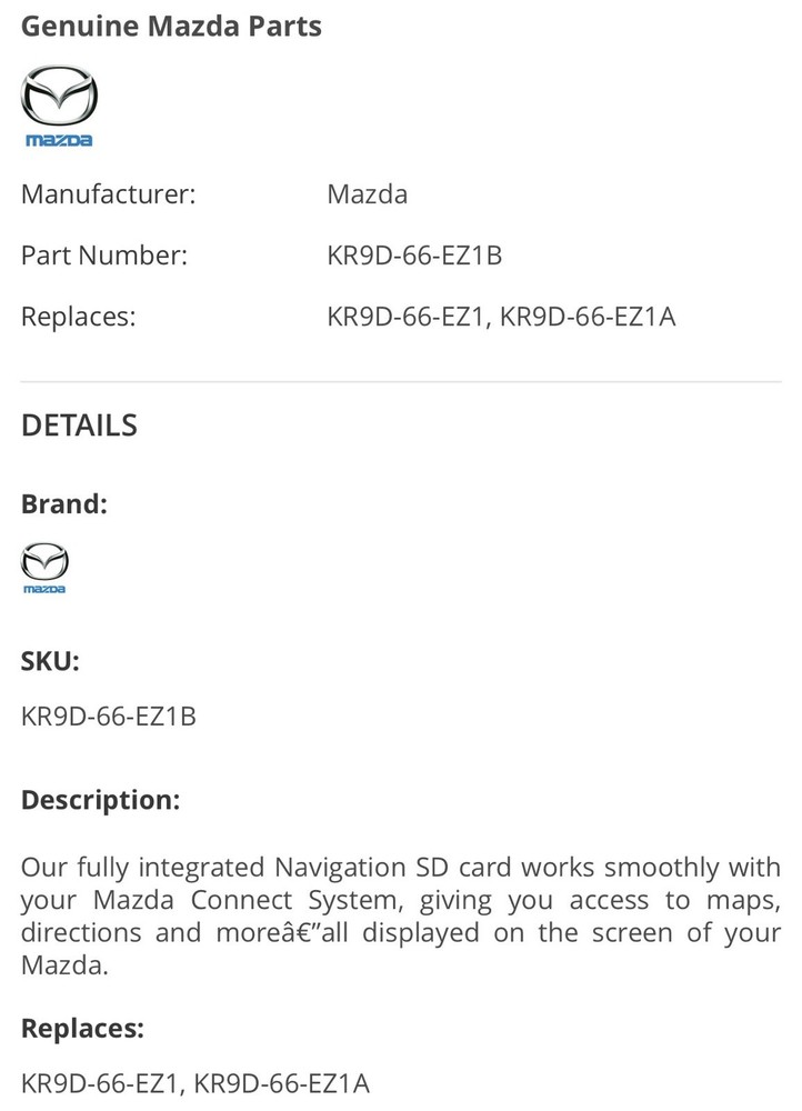Genuine Mazda Navigation SD Card KR9D-66-EZ1B