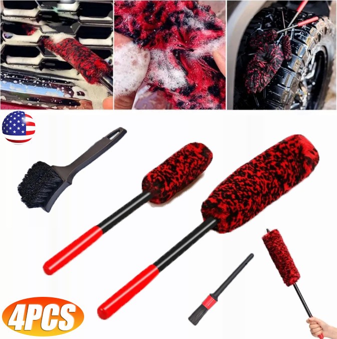 4PCS Car Wheel Brush Rims Tire Seat Engine Wash Cleaning Kit Auto Detailing Tool