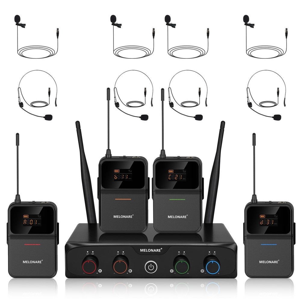 MELONARE 4-Channel Wireless Microphone System,UHF Compact Cordless Mic Set w/...