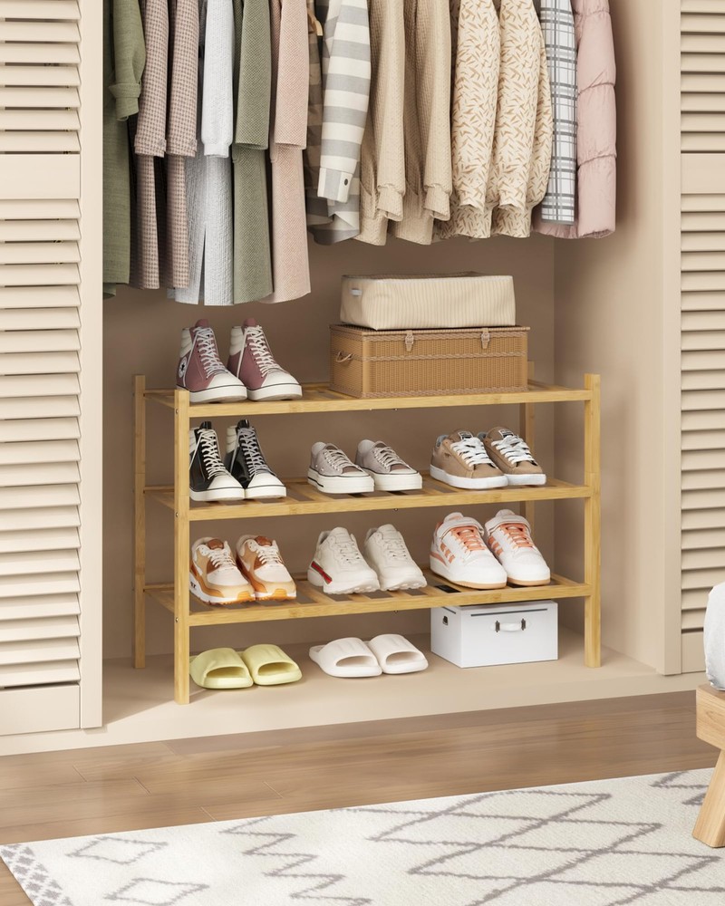 Kitsure Bamboo Stackable Shoe Rack Modular Closet Organizer 26.8x11x18.9