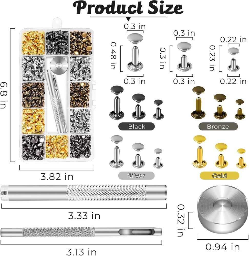 240-Piece Brass Rivets Kit - Durable Leather Studs with Setting Tools for Crafts