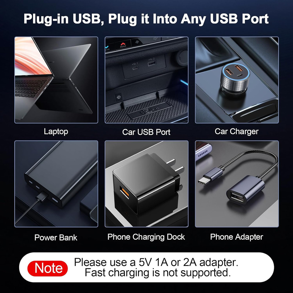 2 PCS Blue USB Interior Car Ambient Lights, Touch Control Adjustable Brightness