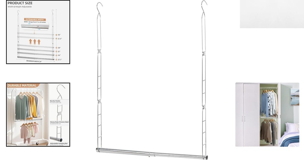 Adjustable Chrome Hanging Closet Rod - Space-Saving Organizer for Versatile Use