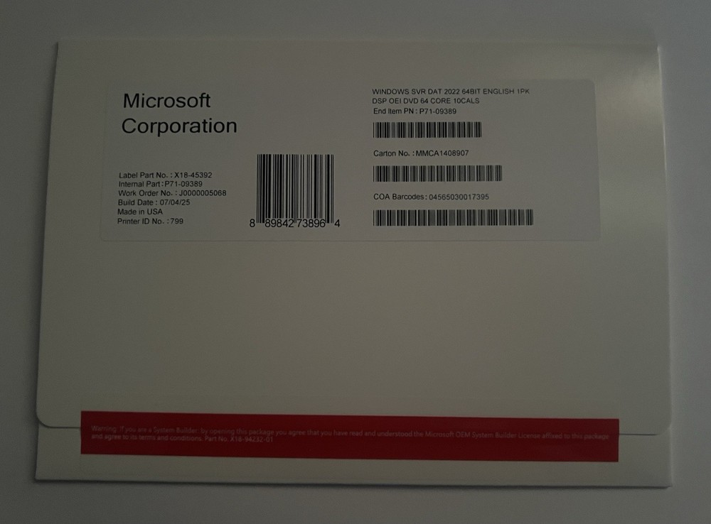 Microsoft Windows Server 2022 Datacenter 64 Core + 10 CALS (New Factory Sealed)