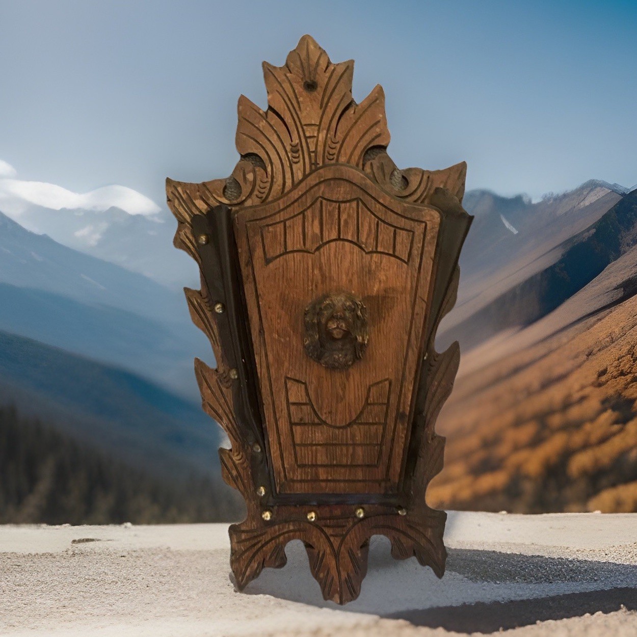 Antique Victorian Walnut Wall pocket Magazine Newspaper Rack Holder Spaniel Dog