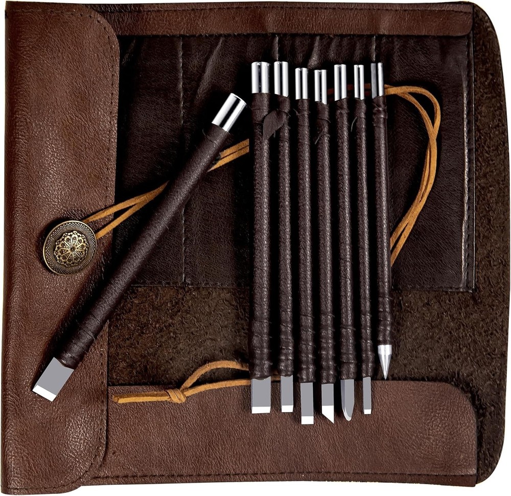 8 Pcs Tungsten Steel Chisel, Metal Engraving Tools, Chisel Set with Leather Shea