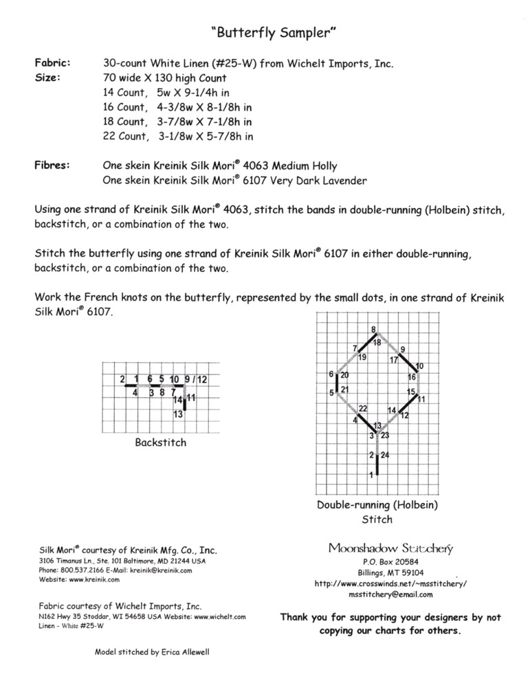 Butterfly Sampler Embroidery Pattern MSS 0007 by Moonshadow Stitchery