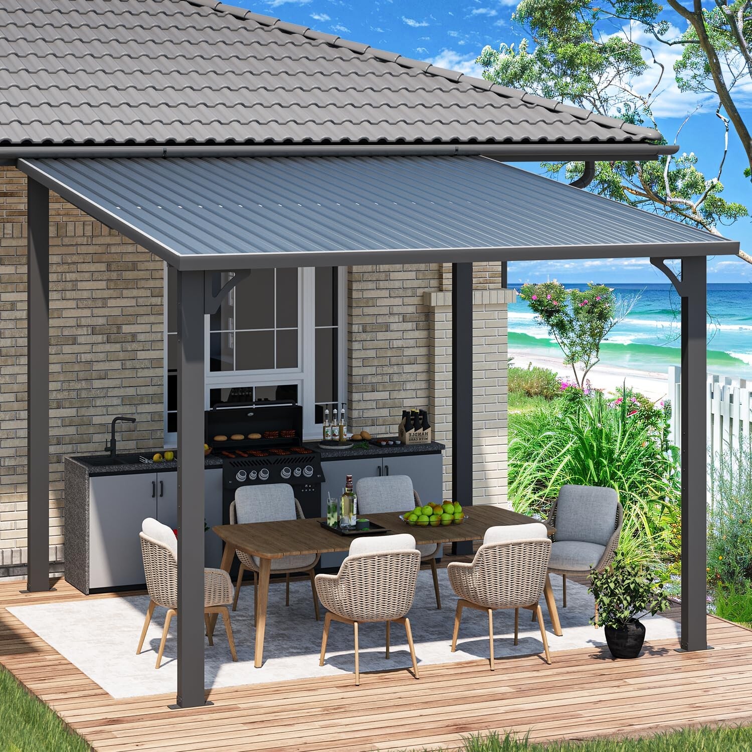 Hardtop Gazebo Outdoor Pergola Lean to Metal Pergola Galvanized Steel Roof Patio