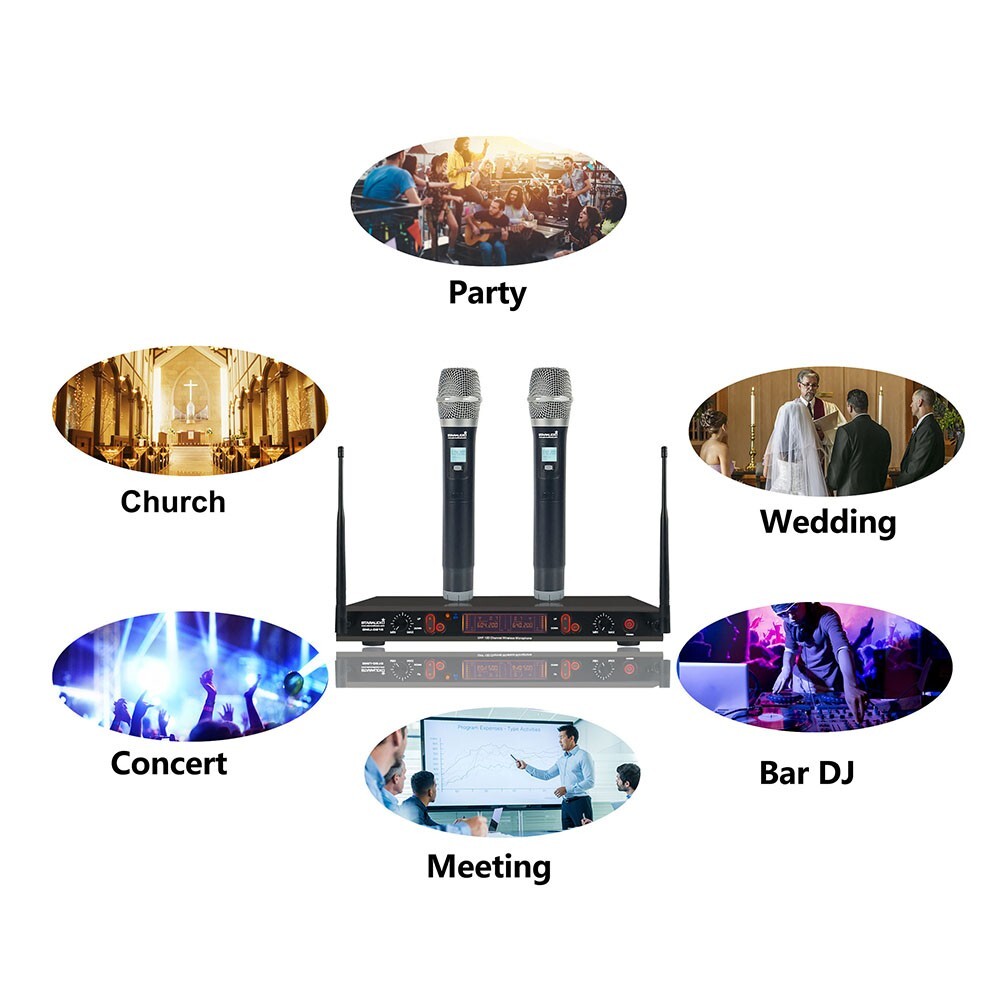 Wireless Microphones System Dynamic 2Channel Handheld Mic Karaoke UHF Microphone