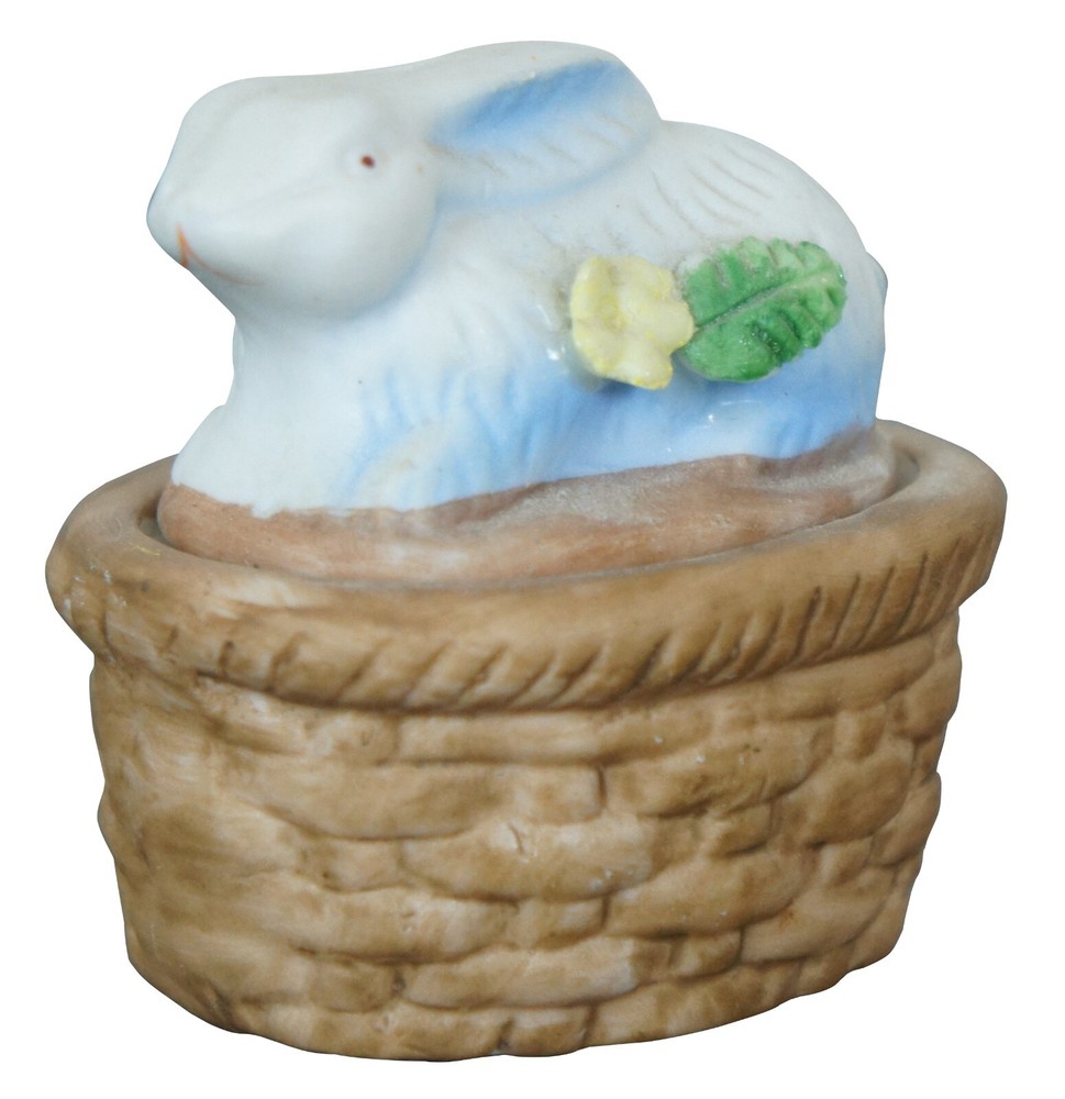 Vintage Bisque Easter Bunny Rabbit Lidded Basket Keepsake Trinket Box 2.5"