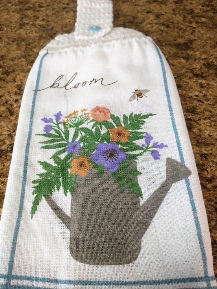 Kitchen Dish Towel With A Crochet Top ~ Watering Can 🌸🪻🌼