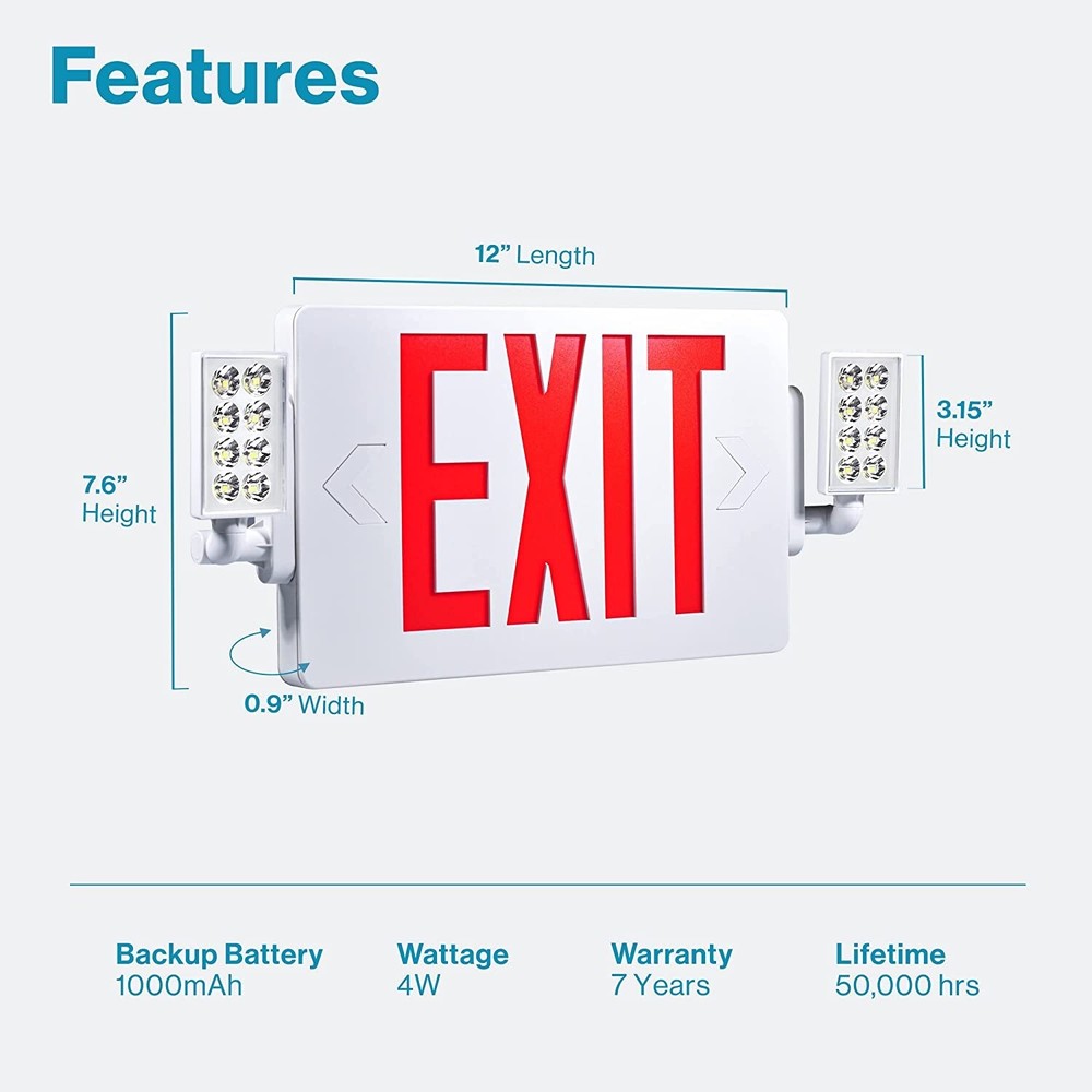 2 Pack LED Exit Sign Emergency Combo Light with Adjustable Two Head Battery UL